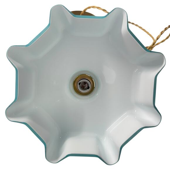 Retro Milk Glass Ceiling Pendant Light Draped Flower Gold Cord Blue Shade - Picture 4 of 11